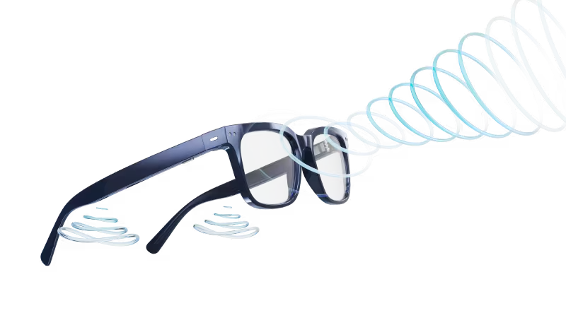Photograph of Nuance Audio Glasses with sound wave depictions